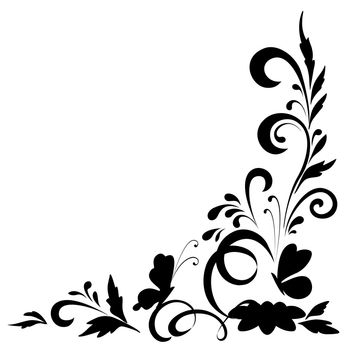 Abstract floral background with flowers and butterflies, black silhouettes on white background