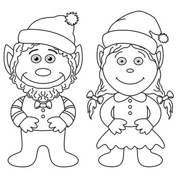 Cartoon, garden gnomes, boy and girl, black contour on white background