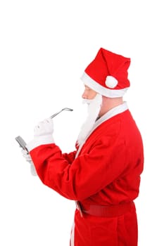 santa claus look on mobile phone. isolated on the white background