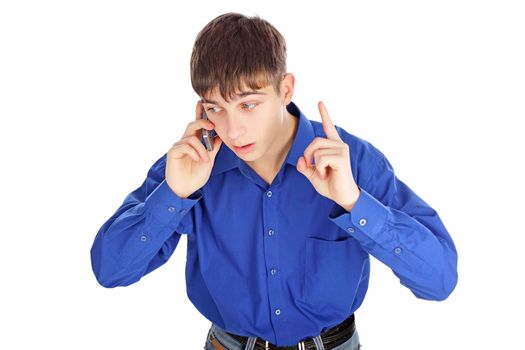 agitated teenager with phone isolated on the white background