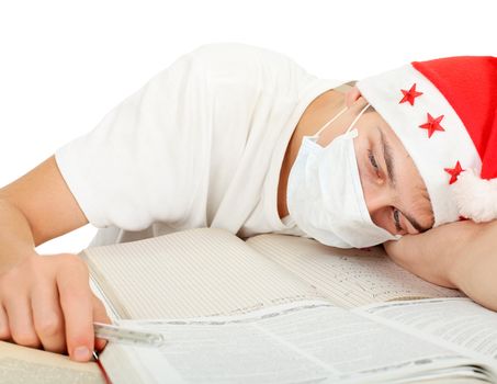 diseased student in santa's hat and flu mask closeup