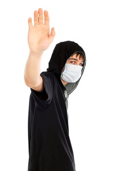 teenager in the flu mask wave goodbye. isolated on white background