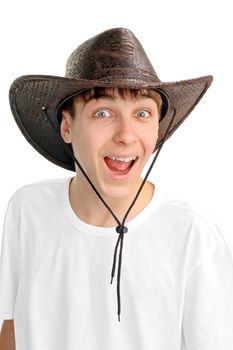 portrait of cheerful teenager in the stetson hat. isolated on the white background