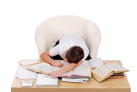 student sleeping on the school desk. isolated on the white background