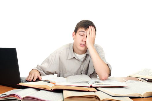 bored and tired student after hard work. isolated on the white background