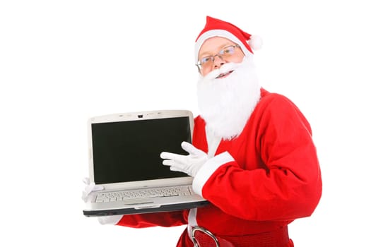 santa claus showing laptop computer with empty screen. isolated on the white background