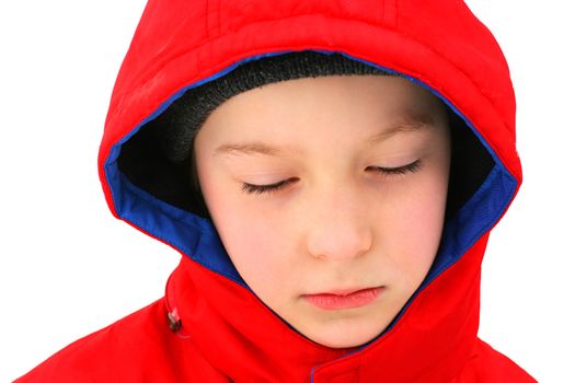 Sad young Boy portrait In the Winter. Isolated on the white