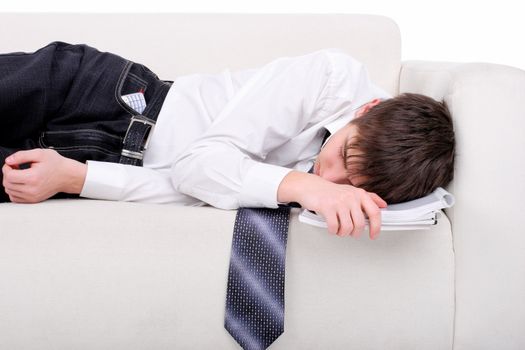 Tired Teenager sleeping on the Sofa with his books