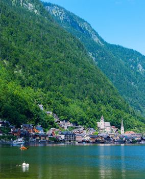 Beautiful summer Alpine Hallstatt Town and lake Hallstatter. See view (Austria)