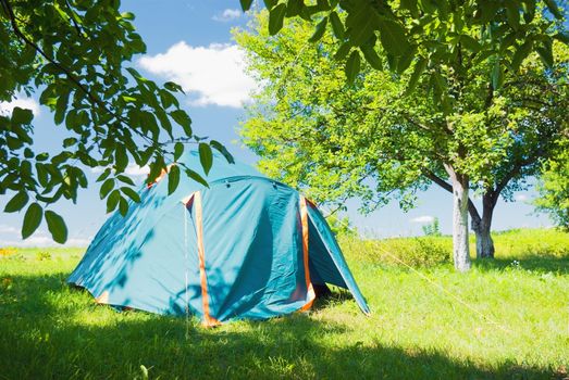 camping tent standing in the apple garden