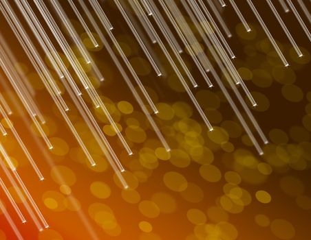 Illustration depicting the ends of many illuminated golden fiber optic strands against abstract golden background.