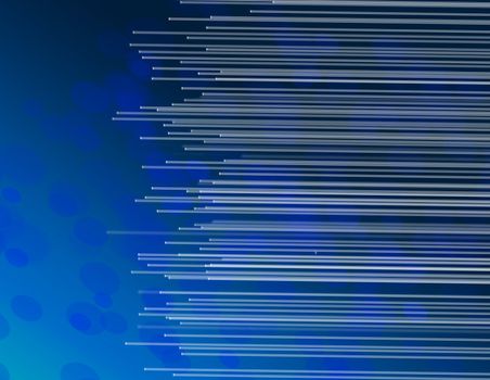 Illustration depicting the ends of many illuminated fiber optic strands against abstract blue background.