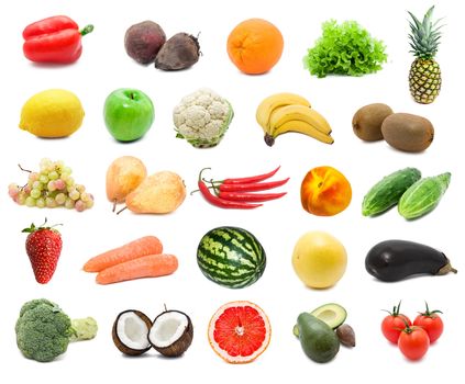Large collection of fruits and vegetables isolated on white background, high resolution