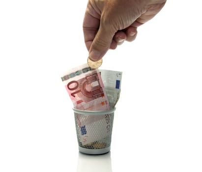 hand throws euro money in container