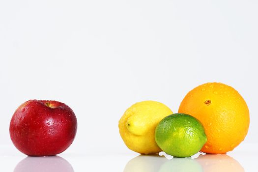 Different or standing out concept: one single red apple on one side with orange, lemon and lime together on the other, beautiful studio shot of wet fruits.