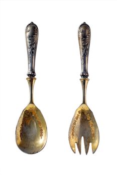 old spoon and fork isolated on white background