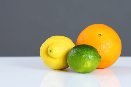 Beautiful studio still life of whole citrus fruits, orange, lemon and lime on white table and grey wall, perfect background for nutrition, diet, healthy eating, organic or other food concept.