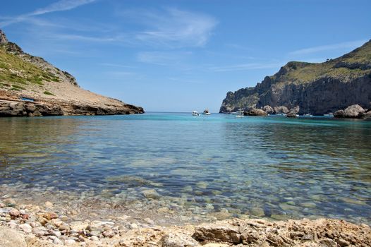 View across sea in the secluded bay of Cala Figuera north Mallorca