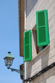 Brightly painted green shutters, Pollensa, Mallorca