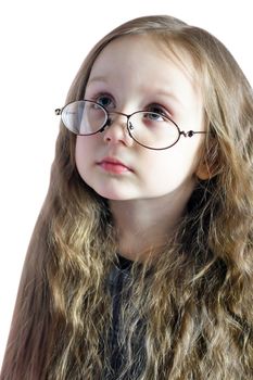 girl with long hair with glasses looking up