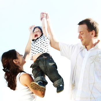 happy family on blue sky background