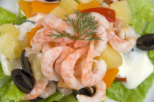 Prawn salad. Simple and healthy salad of shrimp, mixed greens, red  pepper and olive.