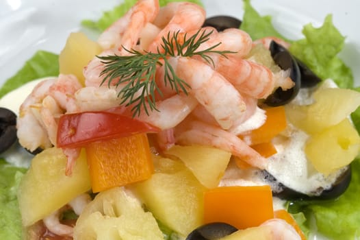 Prawn salad. Simple and healthy salad of shrimp, mixed greens, red  pepper and olive.