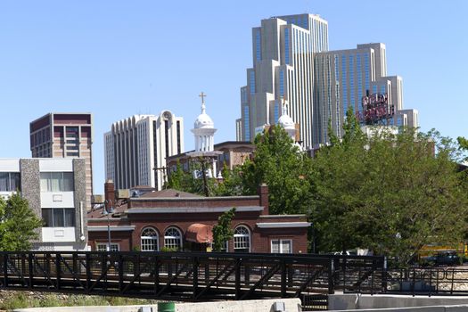 Downtown Reno Nevada casino building, residential, church and businesses 