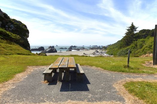 Picnic table at a beach, Oregon coast near Yachats, OR.