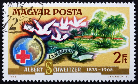 HUNGARY - CIRCA 1975: a stamp printed in the Hungary shows Hospital Lambarene, Dr. Albert Schweitzer, Medical Missionary and Musician, circa 1975
