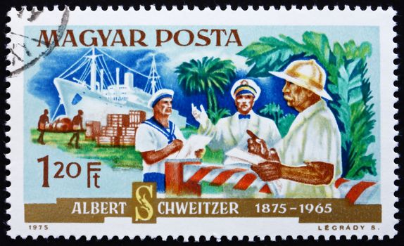 HUNGARY - CIRCA 1975: a stamp printed in the Hungary shows Hospital Supplies Arriving by Ship, Dr. Albert Schweitzer, Medical Missionary and Musician, circa 1975