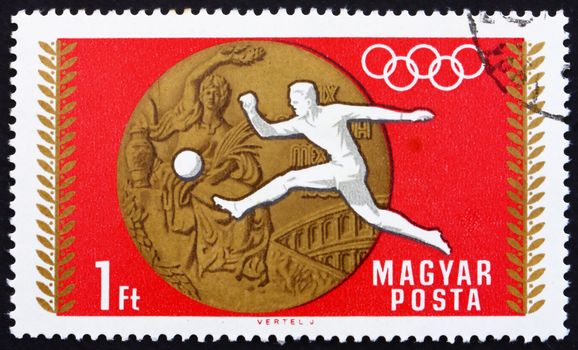 HUNGARY - CIRCA 1969: a stamp printed in the Hungary shows Soccer, Football, Summer Olympic sports, Mexico 68, circa 1969
