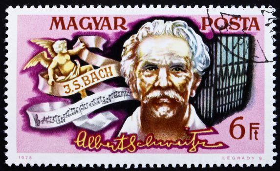 HUNGARY - CIRCA 1975: a stamp printed in the Hungary shows Portrait and Signature of Dr. Albert Schweitzer, Medical Missionary and Musician, circa 1975