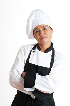 A asian woman as restaurant chef on white background