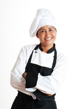 Smiling asian woman as restaurant chef on white background