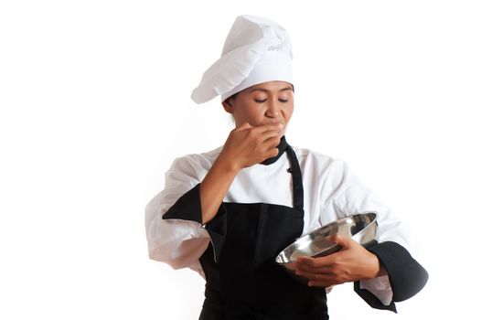 A asian woman as restaurant chef with a bowl in her hand on white background