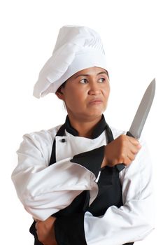 A asian woman as restaurant chef with a knife in her hand on white background