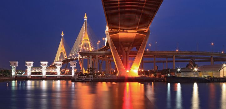 Panorama of Mega Bhumibol Industrial Bridge Bangkok at dusk