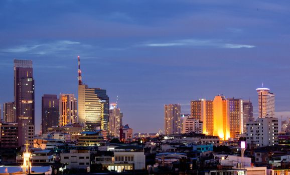 Aerial view of Bangkok skylines building at downtown area at dusk