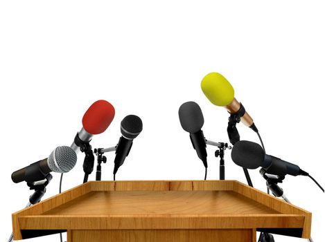 Seminar speech podium and microphones over white