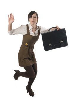 Professional business woman holding briefcase jumping. Isolated on white background