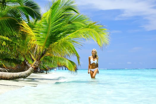 woman on palm sea on backgroud