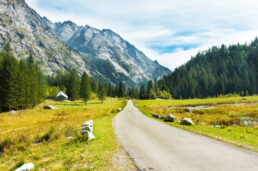 Dirt Road  in mountain valley Malga Bedole, Italy