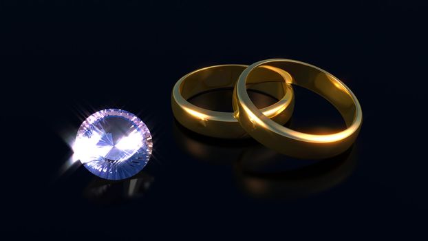 Diamond and rings with reflection in black background