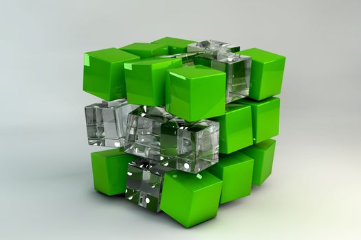 3D Box of glass and green cubes