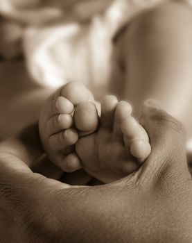 New born baby feet from below