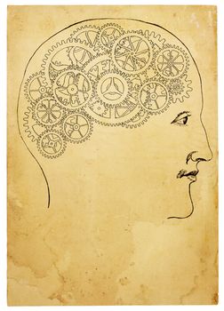 An aged line art illustration of head and gears on stained paper. Isolated on white, with clipping path.
