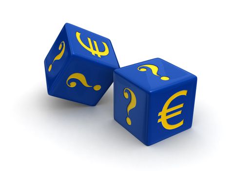 Photo-real illustration of two blue dice engraved with yellow Euro and question mark symbols on white background.