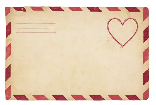 The front of an vintage Valentine-themed envelope with red striped border. Isolated on white with clipping path.
