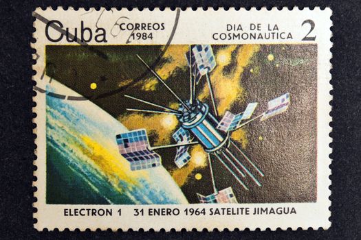 CUBA CIRCA 1984: stamp printed by CUBA, shows Cosmonautics Day - Electron 1 31 Enero 1964 satelite Jimagua, CIRCA 1988